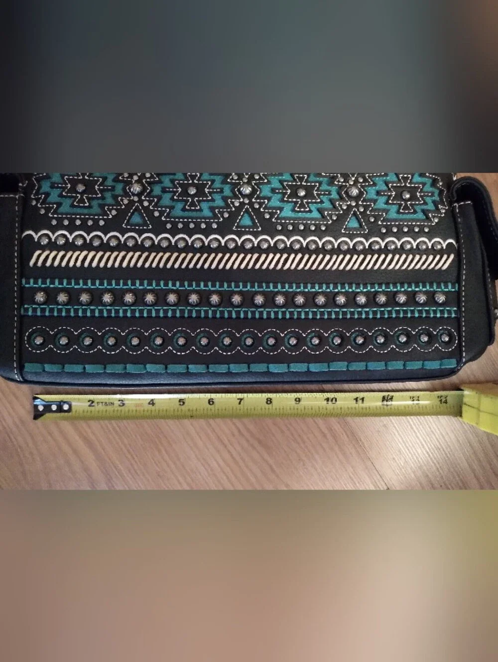 Gorgeous Montana West Black And Teal Studded Western Handbag Aztec Design NWOT